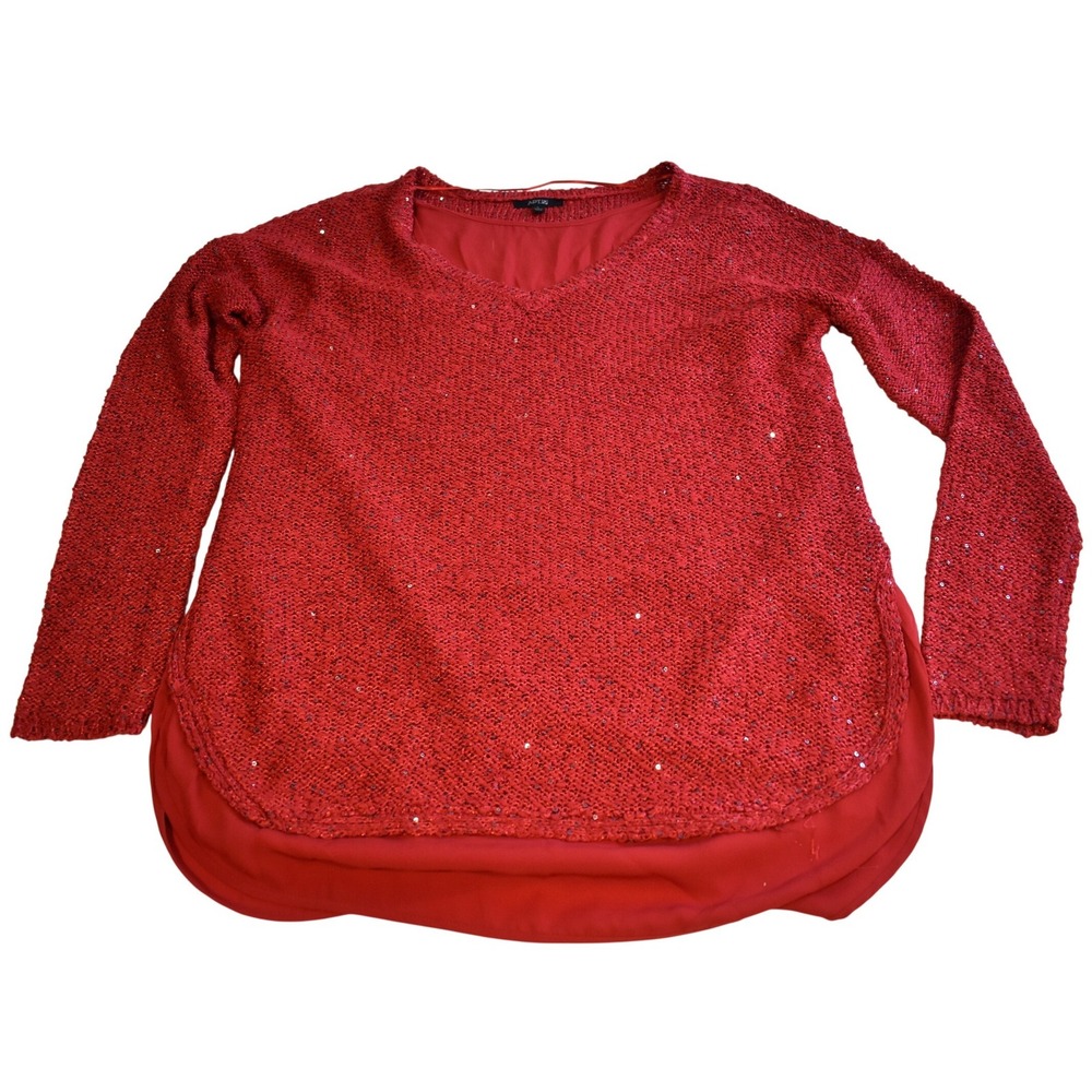 Apt. 9 Sweater Women Large Red Excellent Sequin Layered V-Neck Knit Top
